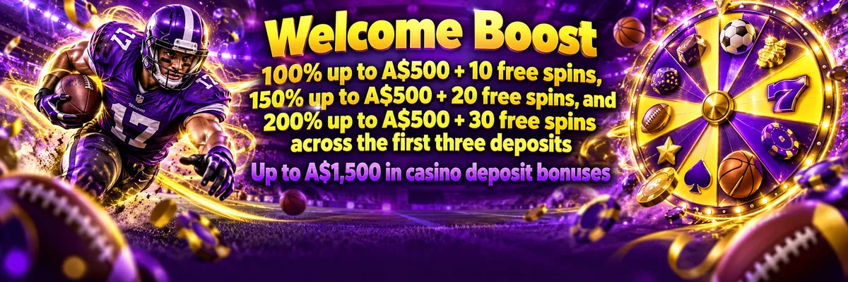 Betzillo welcome bonus banner with a football athlete, a glowing prize wheel and highlighted first three deposit offers in yellow and purple