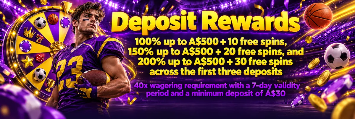 Betzillo casino deposit rewards banner with a team athlete, a segmented prize wheel and layered sports and casino props